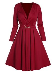Dresslily Plunge Lapel Collar Pleated A Line Mini Dress Long Sleeve D-ring Detail Solid Color High Waist Dress