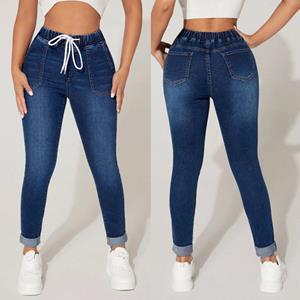 Fahion Jeans Denim jeans met trekkoord in de taille voor dames Hoge taille Stretch potloodbroek pantalones de mujer