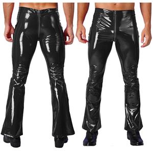 TU6CS Men's Patent Leather Flared Trousers Zipper Crotch Bell-bottoms Club Pants