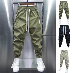 Yunzhu Men Pants Drawstring Elastic Waist Loose Ankle-banded Solid Color Simple Style Casual Pockets Thin Soft Breathable Patchwork Ankle Length Trousers