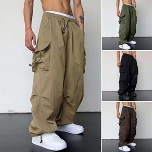 Yideyi Men Cargo Pants Multi Pocket Oversized Solid Color Elastic High Waist Deep Crotch Ankle-banded Soft Breathable Hip Hop Streetwear Men Long Trousers