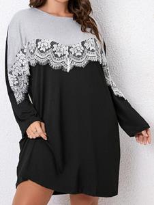 Dresslily Plus Size Colorblock Drop Shoulder Tee Dress Flower Lace Frilled Long Sleeve T Shirt Dress