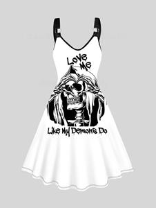 Dresslily Skeleton and Slogan Print Tank Dress O Ring A Line Casual Midi Dress