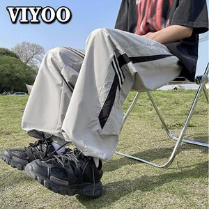 VIYOO Heren Y2K cargo broek gestreepte joggingbroek zwart casual jogger broek met wijde pijpen broek hip hop zomer koreaanse techwear voor mannen