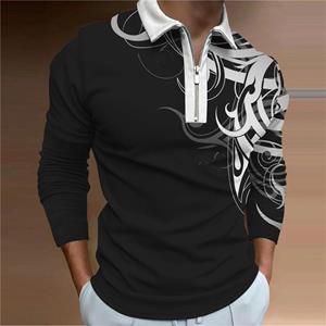 3D Custom Clothing Polo shirts mannen lange mouw mode wit gebogen patroon print nieuwe mannen polo shirt lange mouw rits t-shirt top