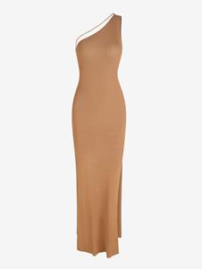 Zaful Strappy One Shoulder High Slit Backless Solid Color Sheath Maxi Jersey Dress
