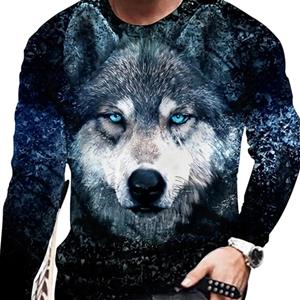 ETST 03 Vintage Heren T-shirt met lange mouwen, 3D-printoverhemden, Mode Dierenwolf Grafische korte mouwen, Oversized streetwear tops, T-shirts