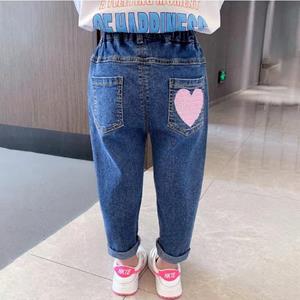 BOOSKU Lente Herfst Kinderen Meisje Jeans Liefde Hart Borduren Zak Rekbare Broek Kinderen Meisjes Broek Broek