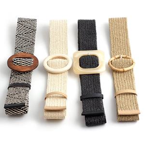 Handsome Style Vrouwen brede gevlochten elastische riem voor jurk ronde bamboe gesp casual mode gordel hout jade gesp nep stro tailleband