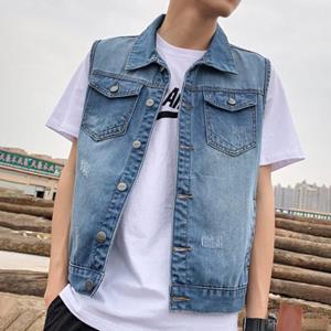 Selling Clothing Men Lapel Sleeveless Denim Jacket Ripped Holes Pockets Single Breasted Washed Loose Fit Casual Waistcoat