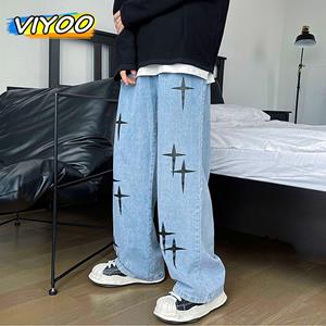 VIYOO Heren 5XL Y2K kleding oversized zwarte vintage baggy jeans stickers zomerbroek wijde pijpen denim broek streetwear jeans voor mannen print hiphop