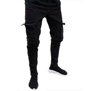 Lou Fashion LOU Stretch skinny jeans voor heren, slim fit cargo-denimbroek, zwarte lange broek