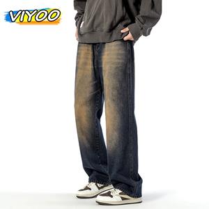 VIYOO Oversized Y2K Vintage Wash zwarte baggy jeans voor heren, denim wijde pijpen broek, broek, streetwear voor heren, hiphop joggingbroek