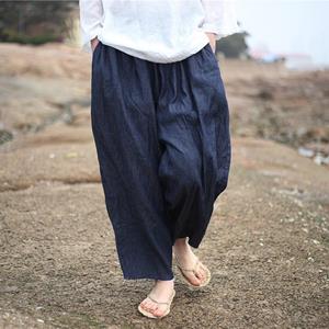 Johnature dames donkerblauwe jeans midden elastische taille losse vintage enkellange broek
