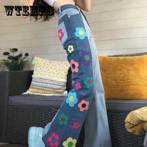 WTEMPO Europese en Amerikaanse bloem patroon Jeans vrouwen hoge taille slanke slanke mode casual all-match broek vrouwen trend
