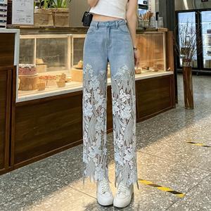 YPretty-Jewelry Kanten patchwork-jeans voor dames, zomer, rechte slanke retro-casual broek