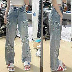 TUVBNRD24 Blue Star Geborduurde Jeans voor vrouwen Nieuwe losse rechte wijde pijpen Denim lange broek