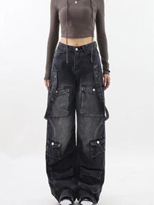 XU ethearal Vintage Black Gothic Y2k Cargo Jeans Women Wide Leg Denim Pants Oversize 2000s High Waist Jeans Ladies Korean Fashion Design Chic Baggy Trousers 2024
