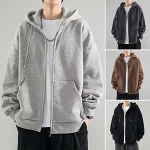 KYUSHUAD Hoodie with Zipper Solid Color Long Sleeve Hooded Coat Male Cozy Stylish Outerwear