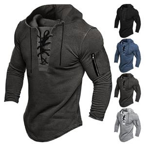 Piaokangguan Men Spring Fall Hoodie Lace Up Hooded Solid Color Zipper Decor Slim Fit Mid Length Casual Vintage Men Pullover Top