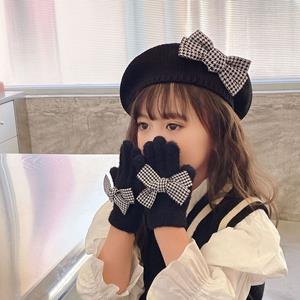 Senmao Warme muts effen kleur Houndstooth Koreaanse stijl hoed kinderhandschoenen kinderpetten meisje baret strik