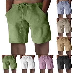 Newstar Fashion Men Cotton Linen Casual Pants Buttons Lacing Waist Pockets Short Pants