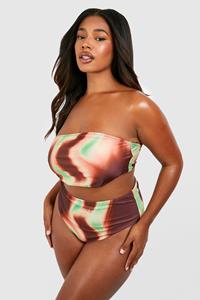 Boohoo Plus Bandeau Bikini Set Met Golvende Print, Brown