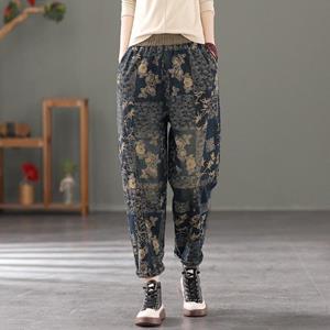 Johnature Dames Retro Print Plus Fluweel Gewatteerde Harem Jeans Elastische Taille Patchwork Warme Broek Winter Losse Broek