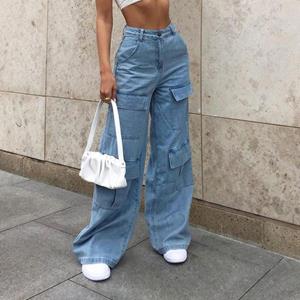 Wangpai Apparel Women's Jeans Large Pocket Loose Denim Trousers