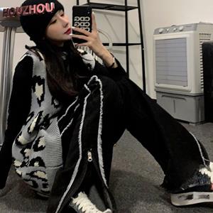 HOUZHOU Gothic Jeans voor Vrouwen Harajuku Esthetische Donkere Hippie Vrouwelijke Wijde Pijpen Jeans met Rits Koreaanse Streetwear Zwarte Grote Femme Broek