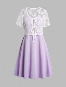 Dresslily Plus Size Dress Colorblock Plain High Waist A Line Mini Dress And Lace Tied Front Top Set