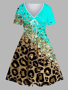 Dresslily Plus Size & Curve Dress Leopard Print Colorblock V Neck Tied A Line Midi Dress