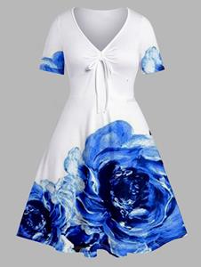 Dresslily Plus Size Dress Flower Print Cinched V Neck Empire Waist A Line Midi Dress