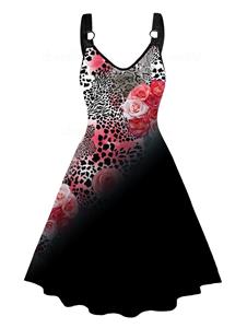 Dresslily Plus Size Dress Cow Rose Print Colorblock High Waisted V Neck A Line Midi Dress