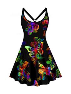 Dresslily Plus Size Colorful Butterfly Print Tank Dress A Line Casual Mini Dress