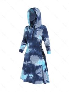 Dresslily Tie Dye Print Hooded Dress Lace Up Mini Dress Long Sleeve Casual A Line Dress