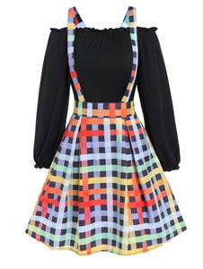 Dresslily Ruffle Off the Shoulder Top And Colored Plaid Print A Line Mini Suspender Skirt Set