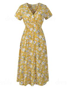 Dresslily Allover Floral Print Dress Surplice High Waisted Dress Plunging Neck A Line Midi Dress