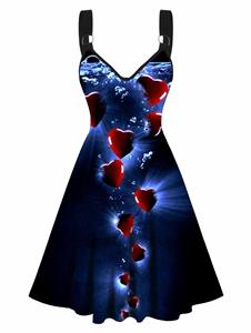 Dresslily Valentine's Day Water Heart Print A Line Dress O-ring Strap Sleeveless High Waist Dress