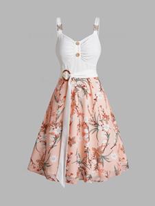Dresslily Colorblock Flower Print Dress Self Belted Mock Button Empire Waist A Line Mini Dress