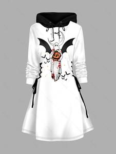 Dresslily Halloween Ghost and Pumpkin Print Hoodie Dress Lace Up Colorblock A Line Dress
