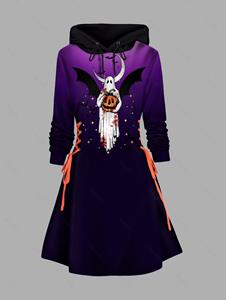 Dresslily Halloween Ghost and Pumpkin Print Hoodie Dress Lace Up Colorblock A Line Dress