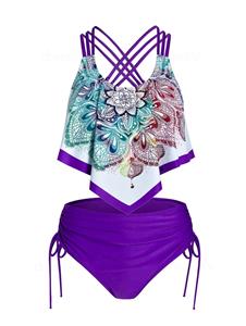 Dresslily Bohemian Tankini Swimsuit Floral Plaid Print Swimwear Cinched Crisscross Tummy Control Bathing Suit