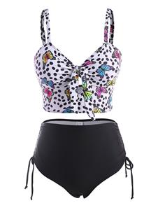 Dresslily Dotted Butterfly Print Knot Ruched Tankini Swimwear