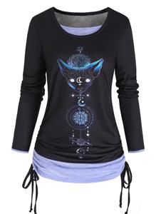 Dresslily Animal Head Celestial Moon Flower Print Colorblock Faux Twinset Top Cinched Long Sleeve 2 In 1 Top