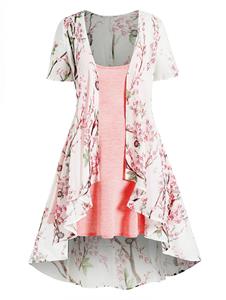 Dresslily Plus Size Dress Allover Flower Print Sheer Asymmetric Short Sleeve Longline Top And Spaghetti Strap High Waist A Line Cami Dress Set