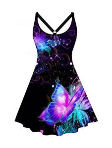 Dresslily Plus Size Dreamy Butterfly Print Tank Dress Crossover A Line Casual Mini Dress