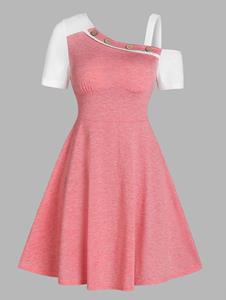 Dresslily Colorblock Dress Cold Shoulder Skew Collar Mini Dress Mock Button Heathered A Line Dress