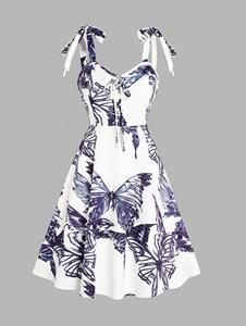 Dresslily Butterfly Print Lace Up Dress Tied Shoulder Sleeveless High Waisted A Line Midi Dress