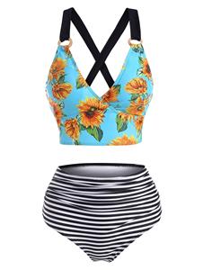 Dresslily Sunflower Striped Lace Up Tummy Control Tankini Swimwear